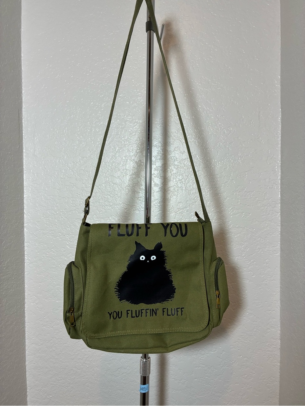 Olive Green 'Fluff You' Black Cat Shoulder Bag - Unbranded